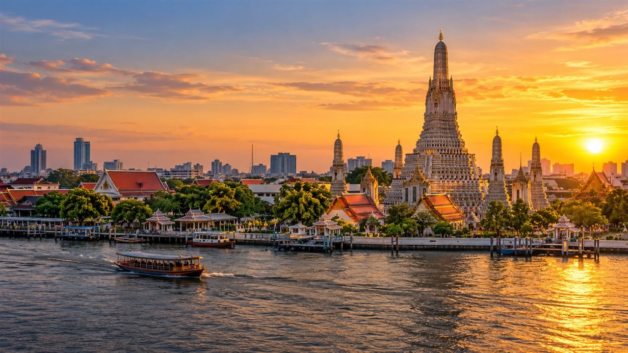 Wat Arun beside the Chao Phraya River in Bangkok